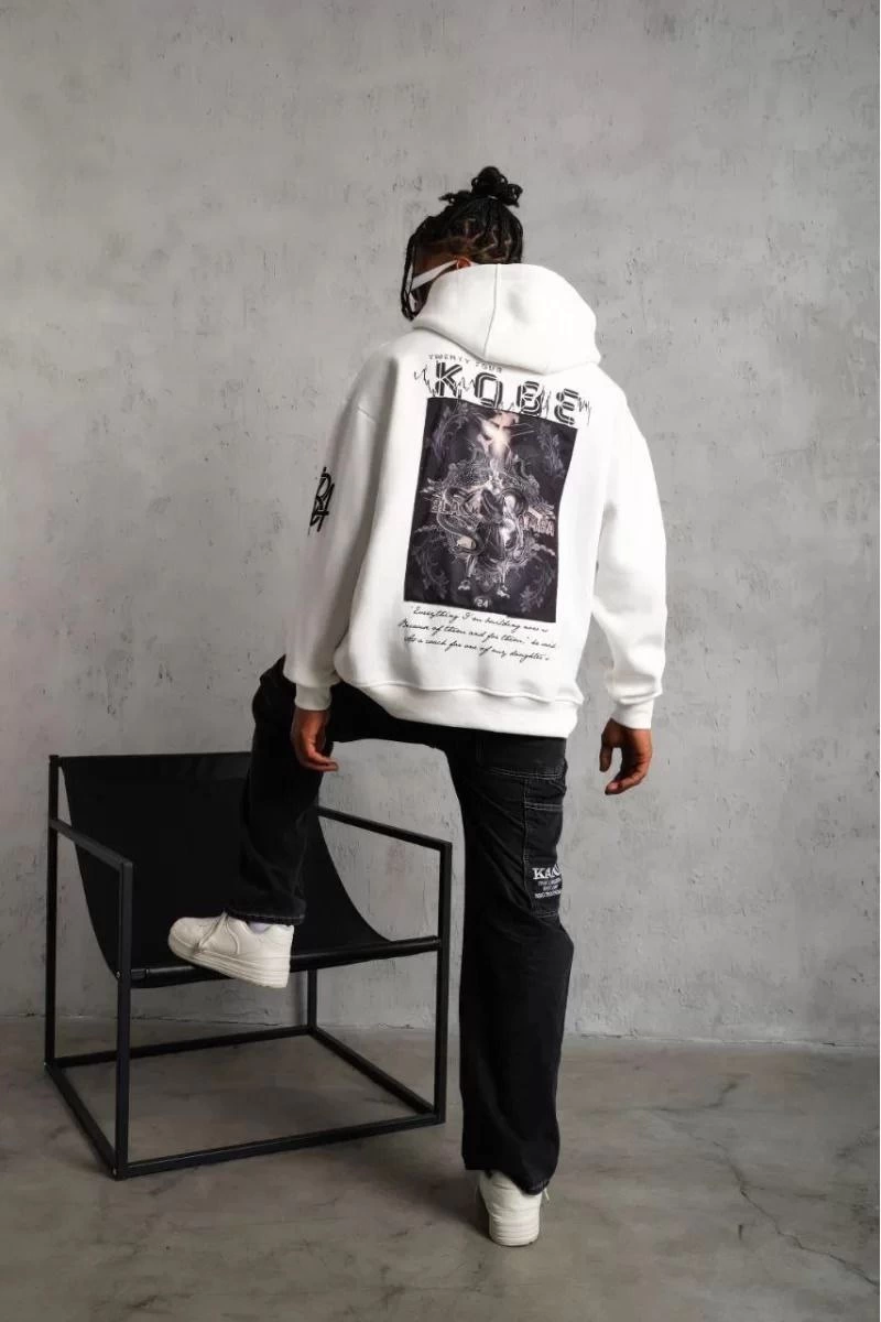 BErkek 3 İplik Pamuklu Kapüşonlu Baskılı Cepli Oversize Sweatshirt Hoodie - eyaz
