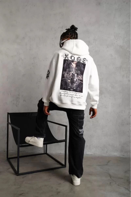 BErkek 3 İplik Pamuklu Kapüşonlu Baskılı Cepli Oversize Sweatshirt Hoodie - eyaz