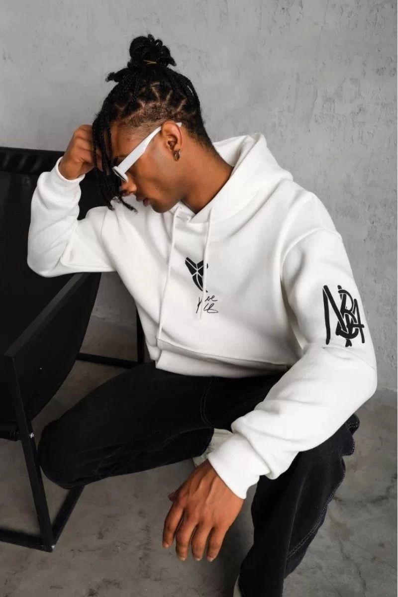 BErkek 3 İplik Pamuklu Kapüşonlu Baskılı Cepli Oversize Sweatshirt Hoodie - eyaz