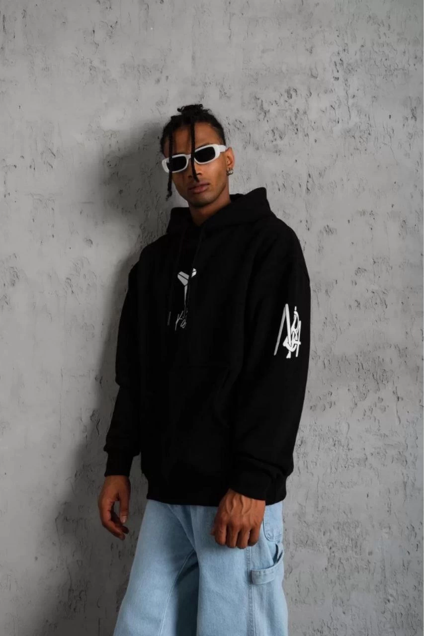 Erkek 3 İplik Pamuklu Kapüşonlu Kanguru Cepli Baskılı Oversize Hoodie Sweatshirt - Siyah