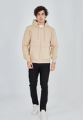Erkek 3 İplik Pamuklu Kapüşonlu Tam Fermuarlı Cepli Hoodie Sweatshirt - Bej