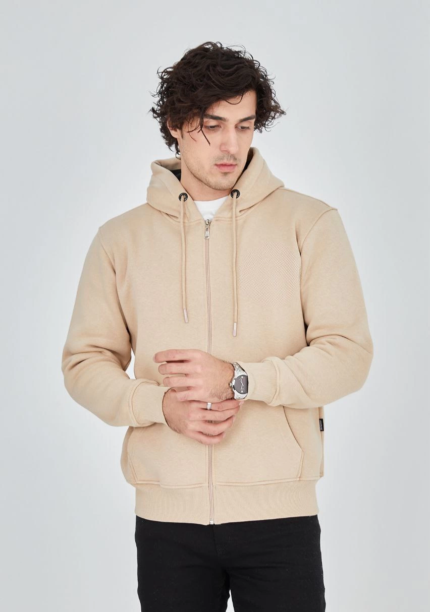Erkek 3 İplik Pamuklu Kapüşonlu Tam Fermuarlı Cepli Hoodie Sweatshirt - Bej