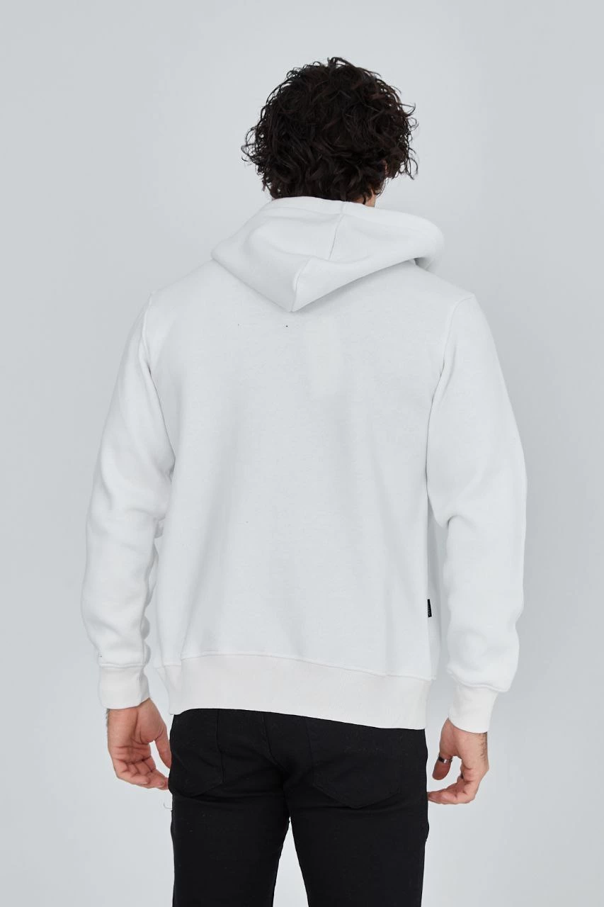 Erkek 3 İplik Pamuklu Kapüşonlu Tam Fermuarlı Cepli Hoodie Sweatshirt - Beyaz