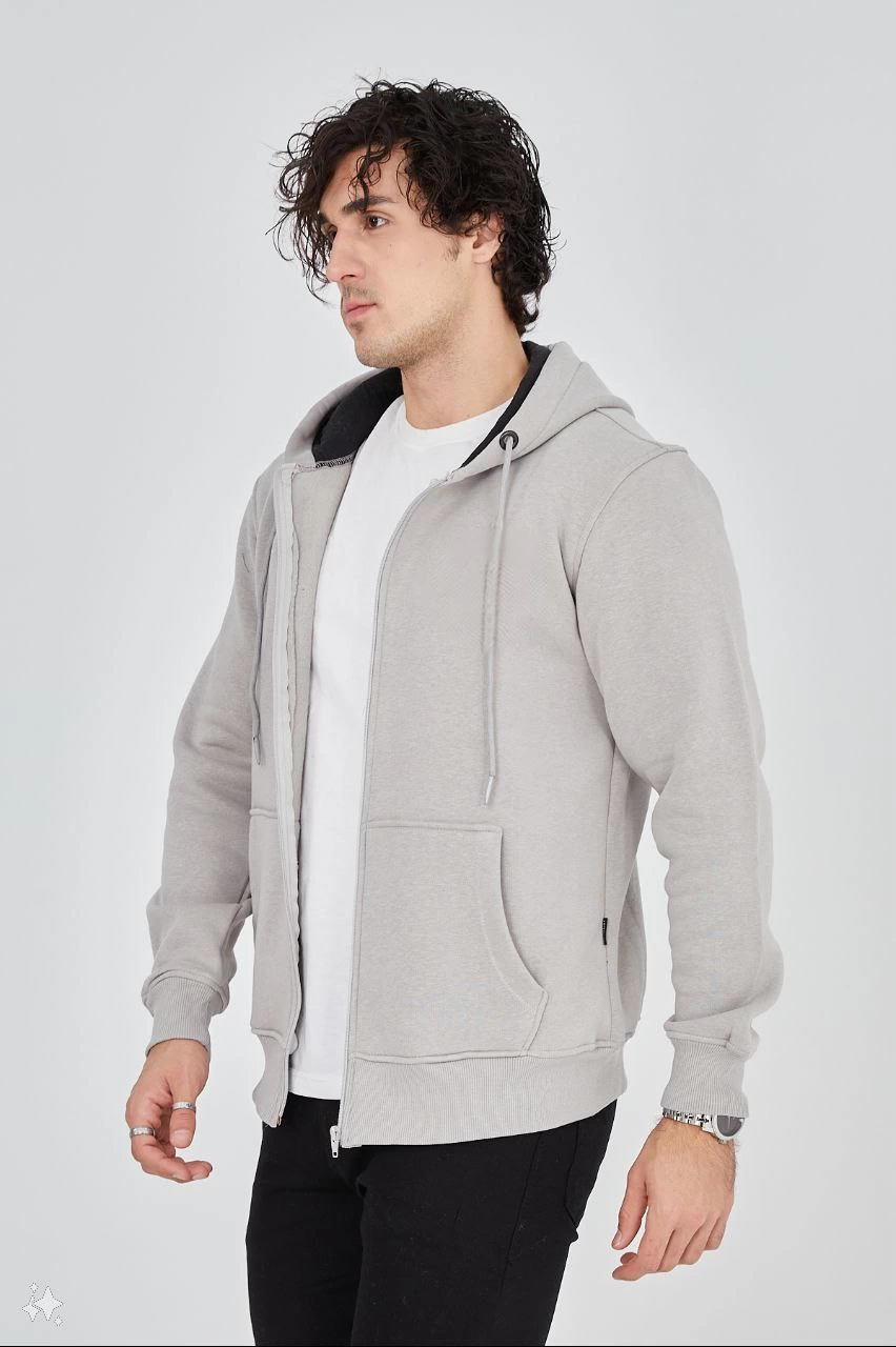 Erkek 3 İplik Pamuklu Kapüşonlu Tam Fermuarlı Cepli Hoodie Sweatshirt - Boyalı Gri