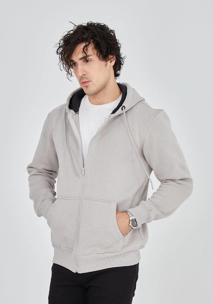 Erkek 3 İplik Pamuklu Kapüşonlu Tam Fermuarlı Cepli Hoodie Sweatshirt - Boyalı Gri