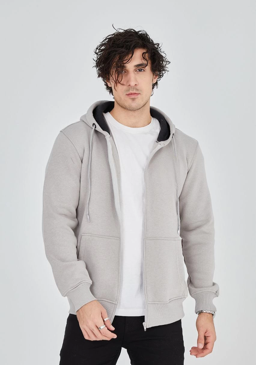 Erkek 3 İplik Pamuklu Kapüşonlu Tam Fermuarlı Cepli Hoodie Sweatshirt - Boyalı Gri