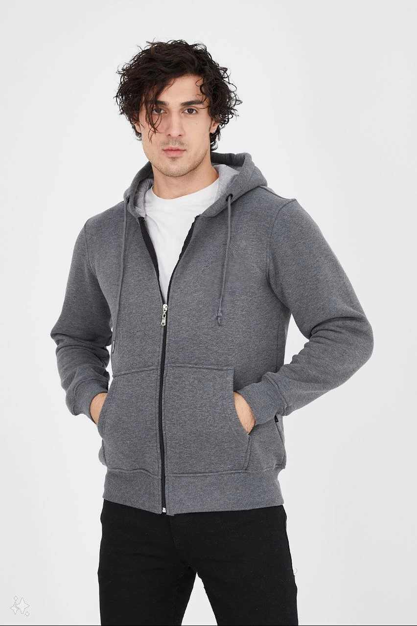 Erkek 3 İplik Pamuklu Kapüşonlu Tam Fermuarlı Cepli Hoodie Sweatshirt - Füme