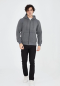Erkek 3 İplik Pamuklu Kapüşonlu Tam Fermuarlı Cepli Hoodie Sweatshirt - Füme