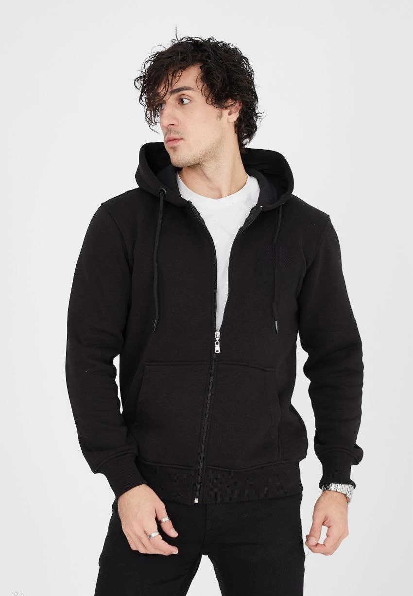 Erkek 3 İplik Pamuklu Kapüşonlu Tam Fermuarlı Cepli Hoodie Sweatshirt - Siyah