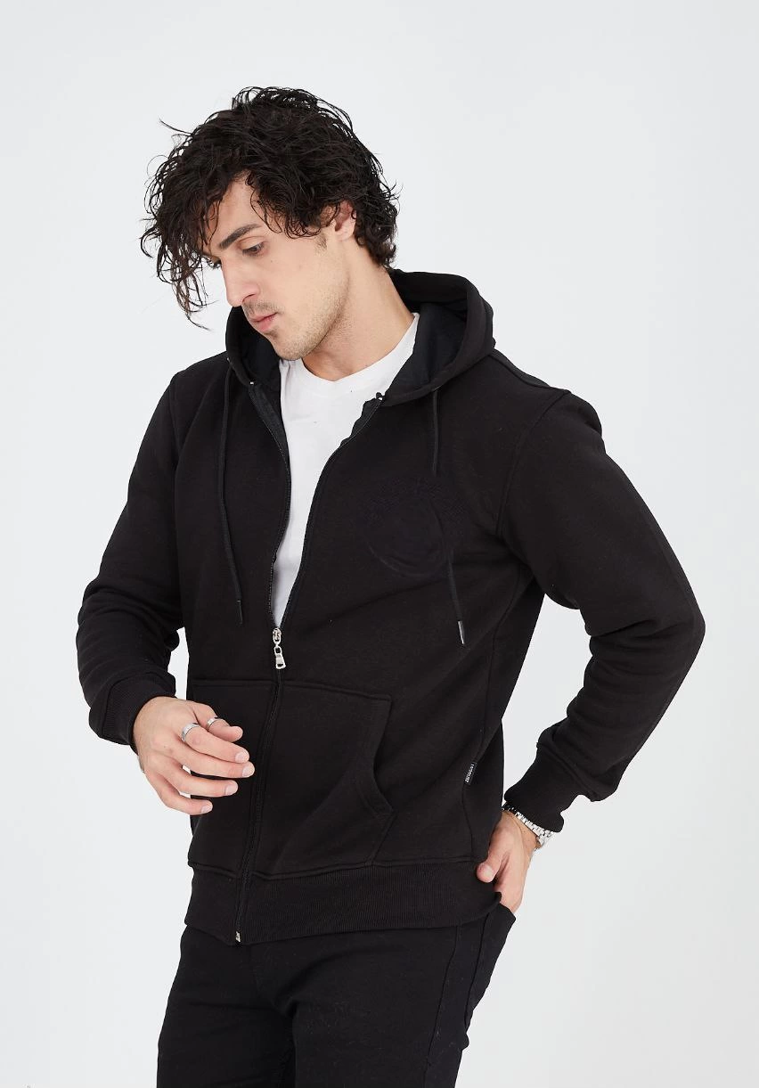 Erkek 3 İplik Pamuklu Kapüşonlu Tam Fermuarlı Cepli Hoodie Sweatshirt - Siyah