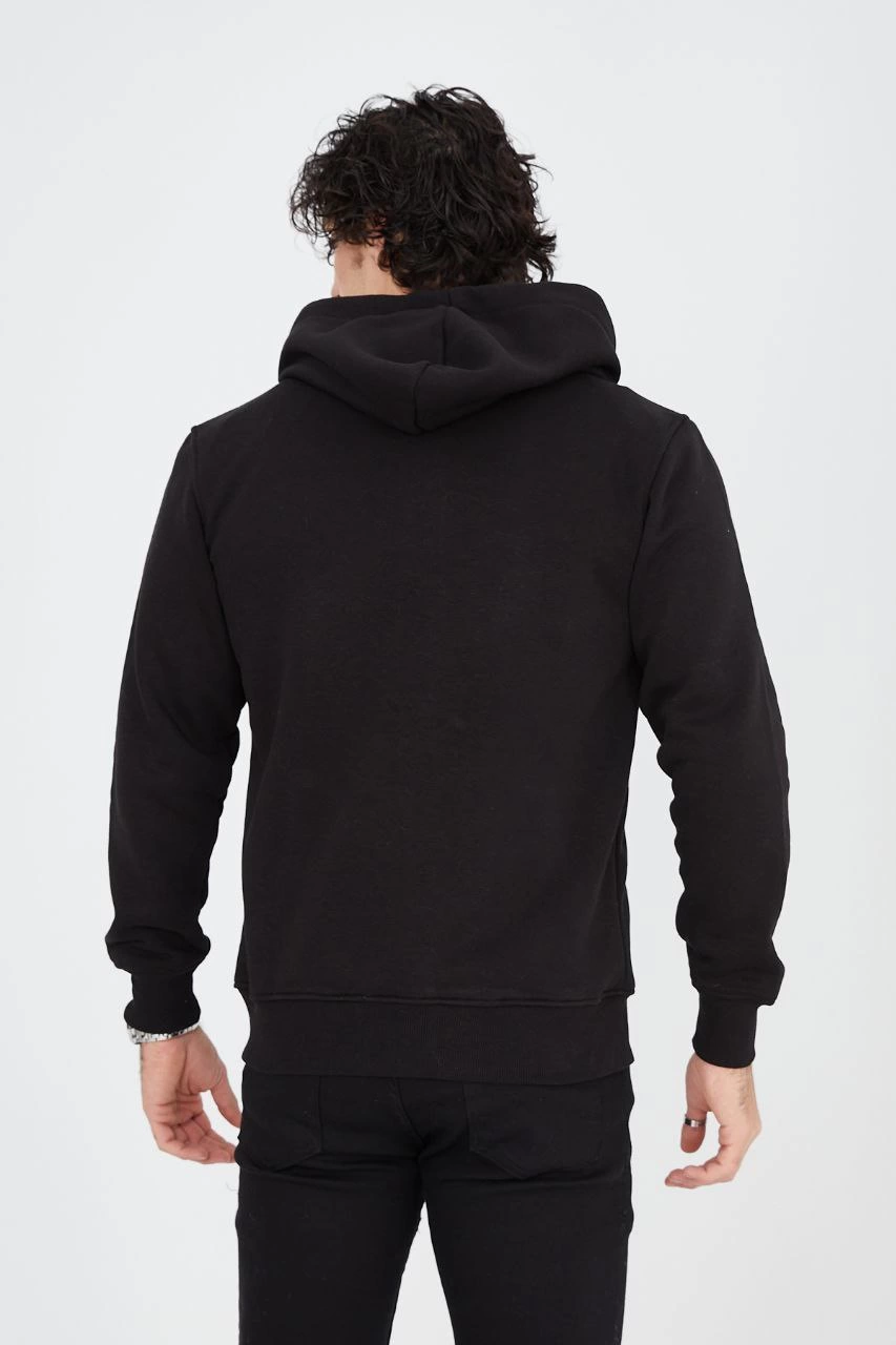 Erkek 3 İplik Pamuklu Kapüşonlu Tam Fermuarlı Cepli Hoodie Sweatshirt - Siyah