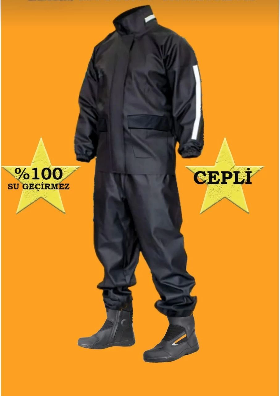 Erkek Motorcu Cepli Kurye Su Gecirmez Yağmurluk Takım - Siyah