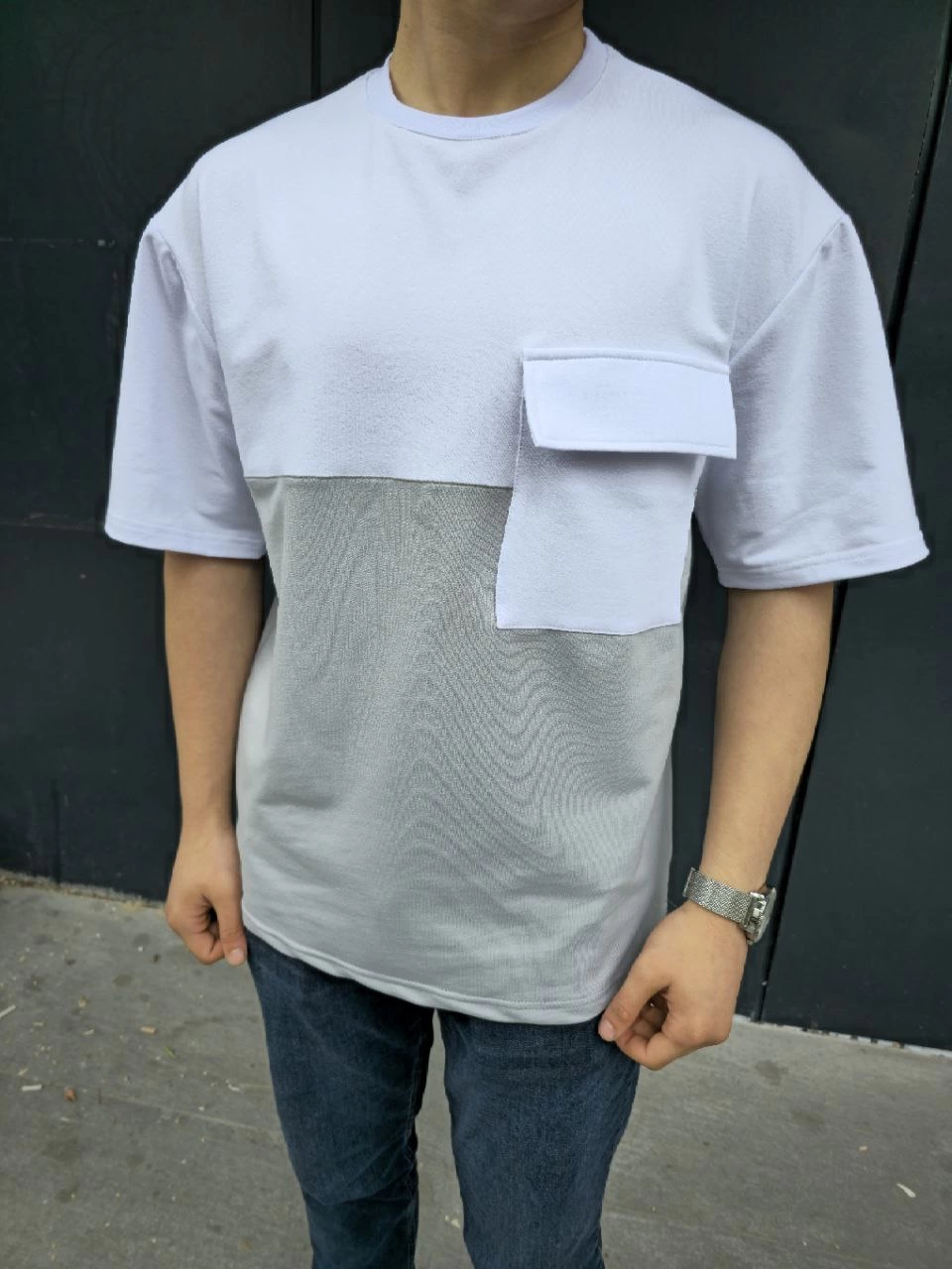 Erkek Kısa Kol Yazlık Tişört Torba Cepli Parçalı T-Shirt - Gri