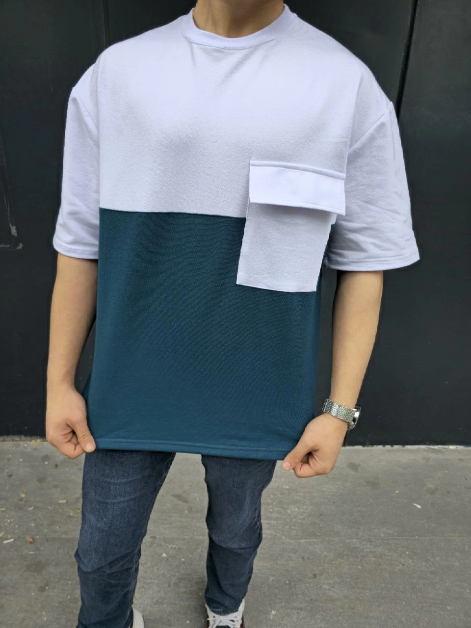 Erkek Kısa Kol Yazlık Tişört Torba Cepli Parçalı T-Shirt - Lacivert