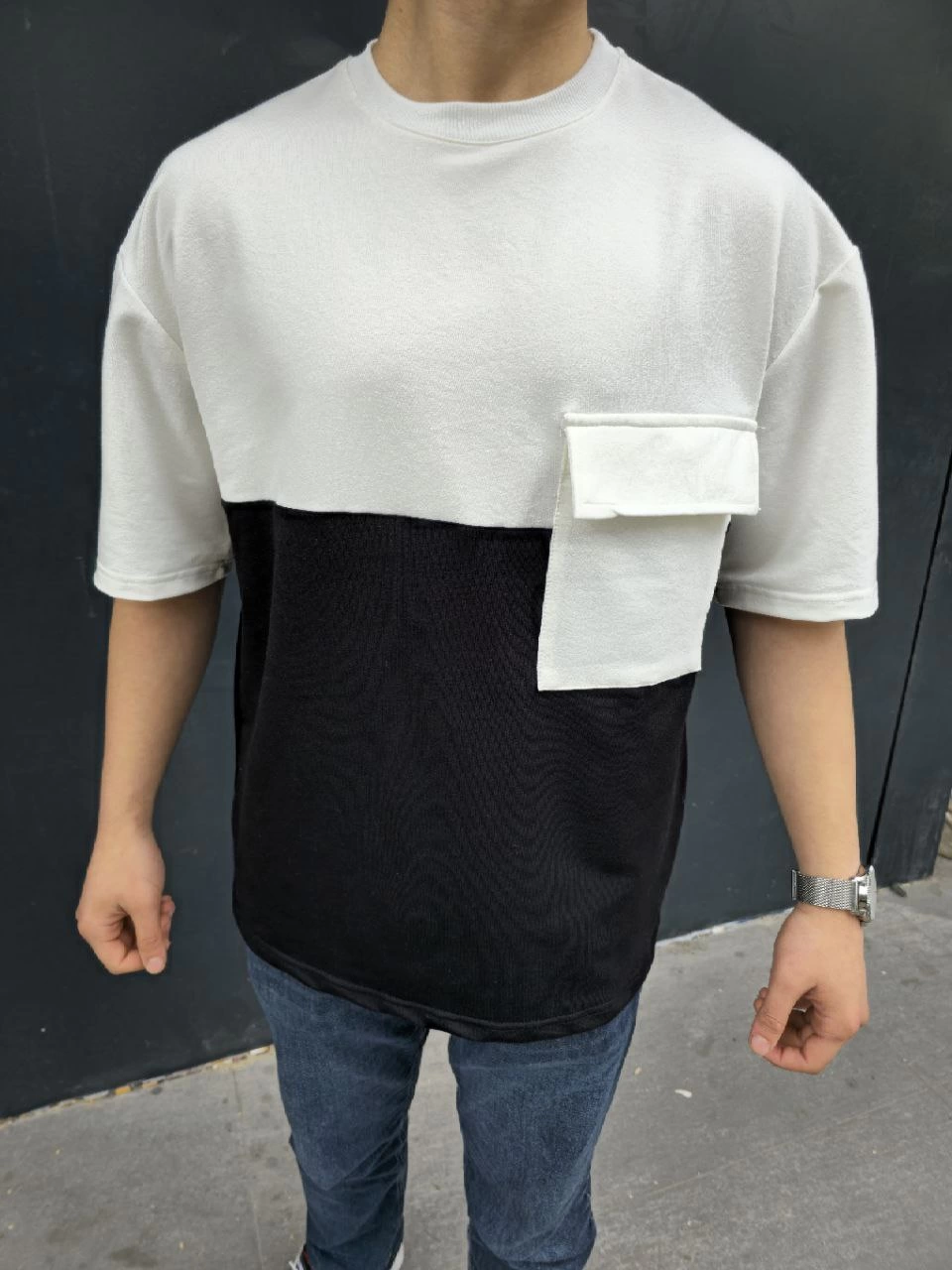 Erkek Kısa Kol Yazlık Tişört Torba Cepli Parçalı T-Shirt - Siyah