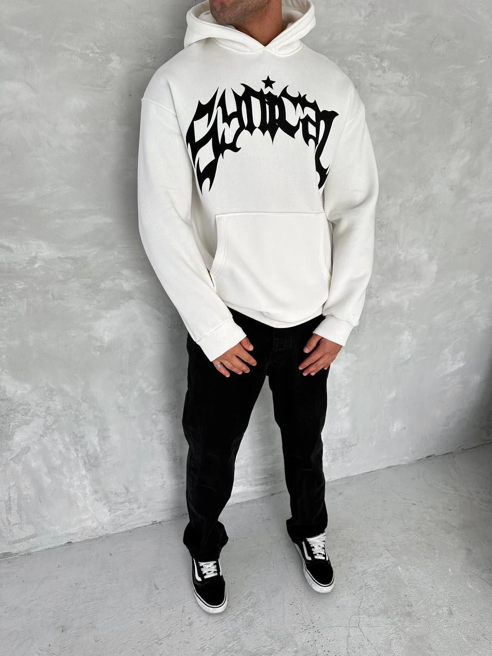 Erkek 3 İplik Pamuklu Kapüşonlu Baskılı Cepli Oversize Sweatshirt Hoodie - Beyaz