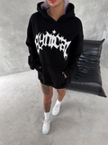 Kadın Oversize Kapüşonlu Cepli Baskılı 3 İplik Pamuklu Hoodie Sweatshirt - Siyah