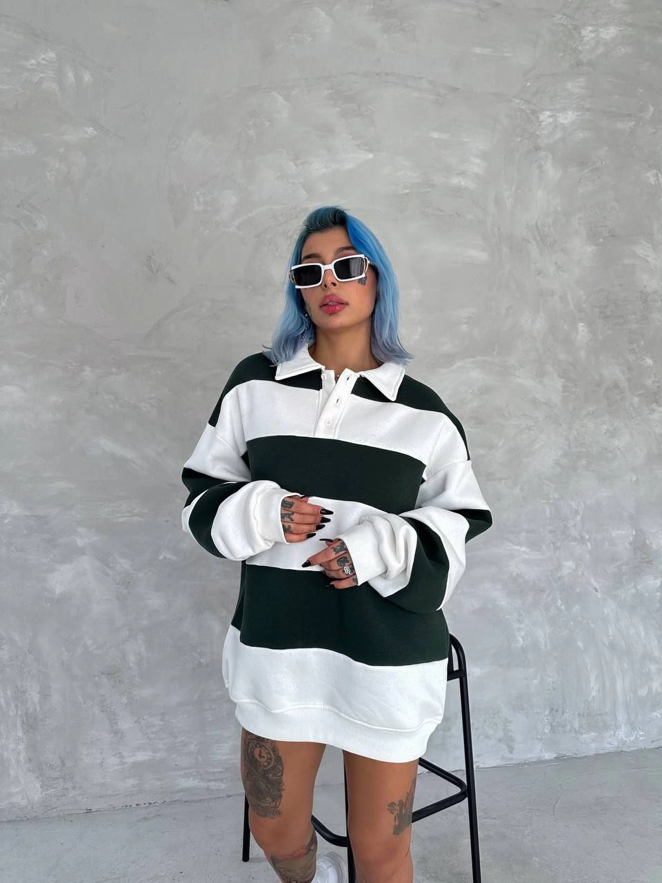 Kadın 3 iplik Pamuklu Parçalı Yakalı SweatShirt - Yeşil