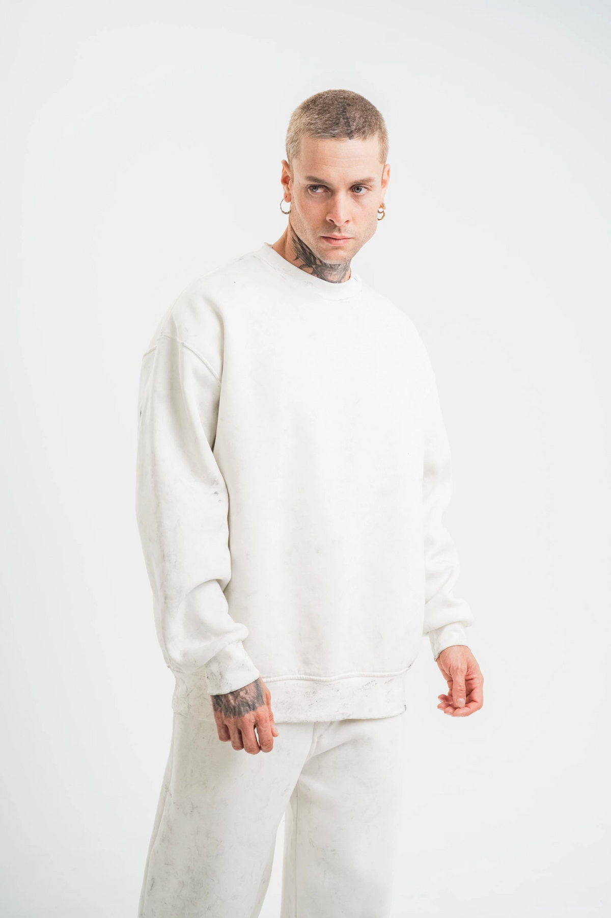 ERKEK 3 İplik Pamuklu Bisiklet Yaka Yıkamalı SweatShirt - Beyaz