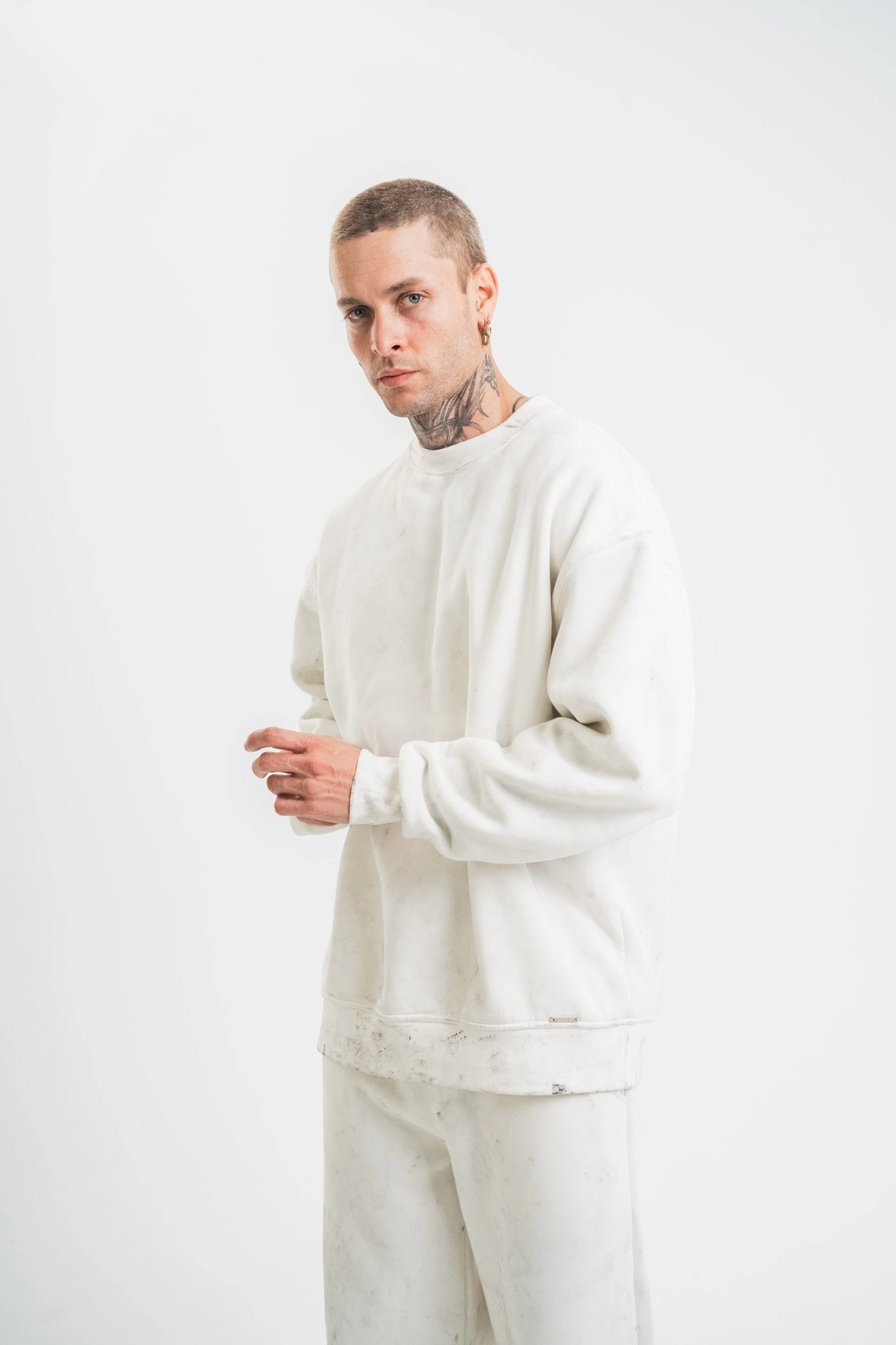 ERKEK 3 İplik Pamuklu Bisiklet Yaka Yıkamalı SweatShirt - Beyaz