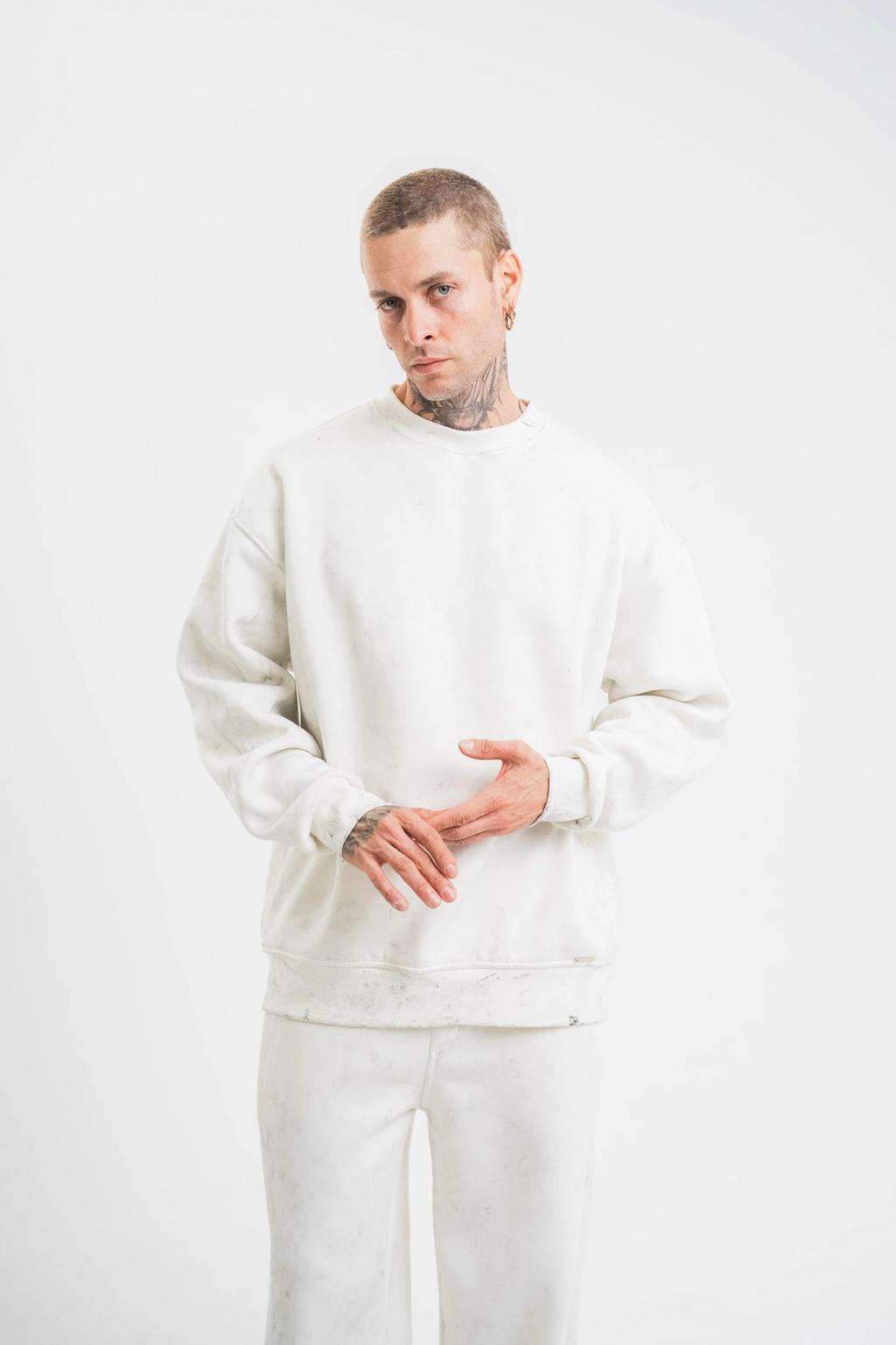 ERKEK 3 İplik Pamuklu Bisiklet Yaka Yıkamalı SweatShirt - Beyaz