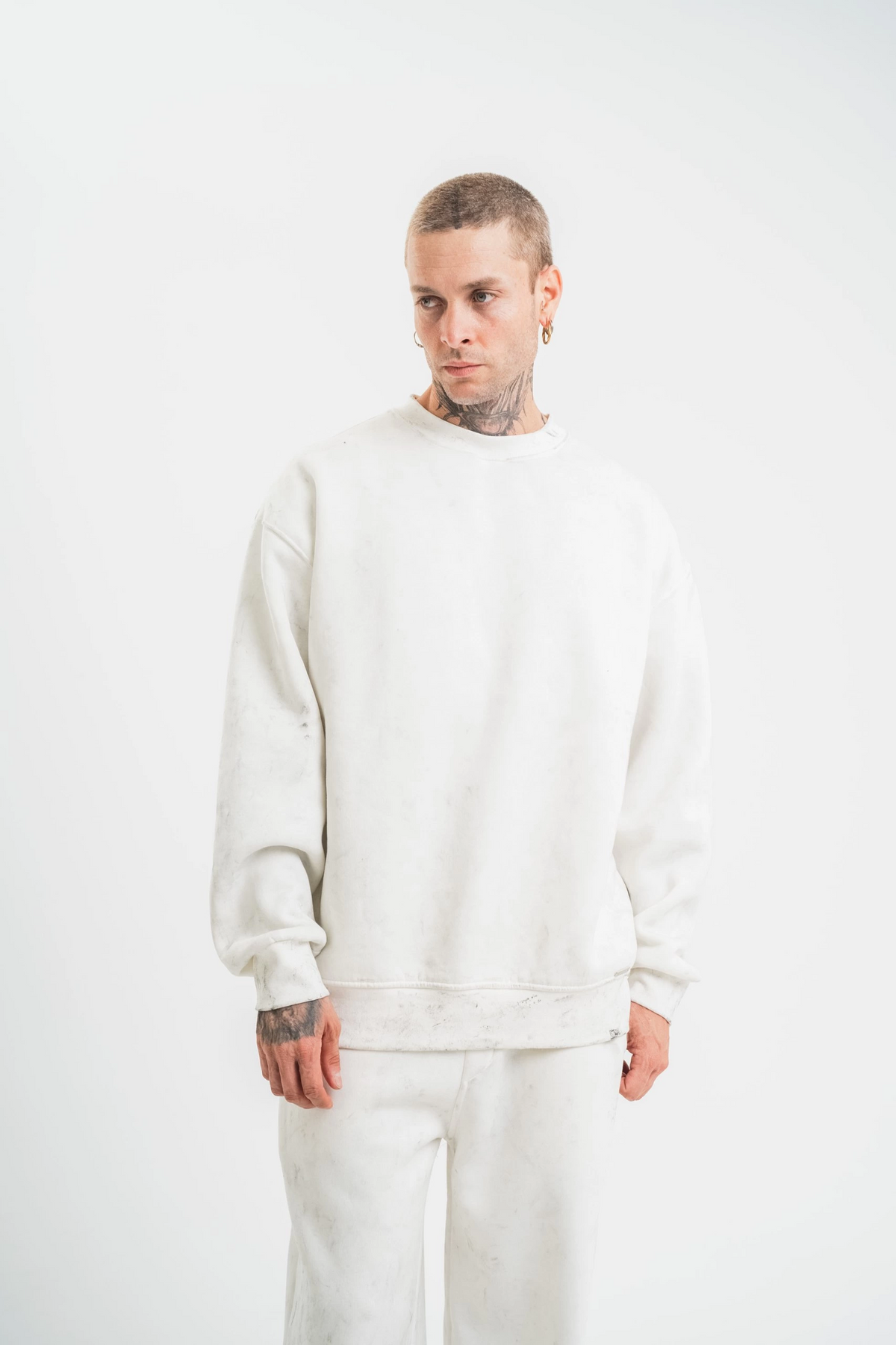 ERKEK 3 İplik Pamuklu Bisiklet Yaka Yıkamalı SweatShirt - Beyaz