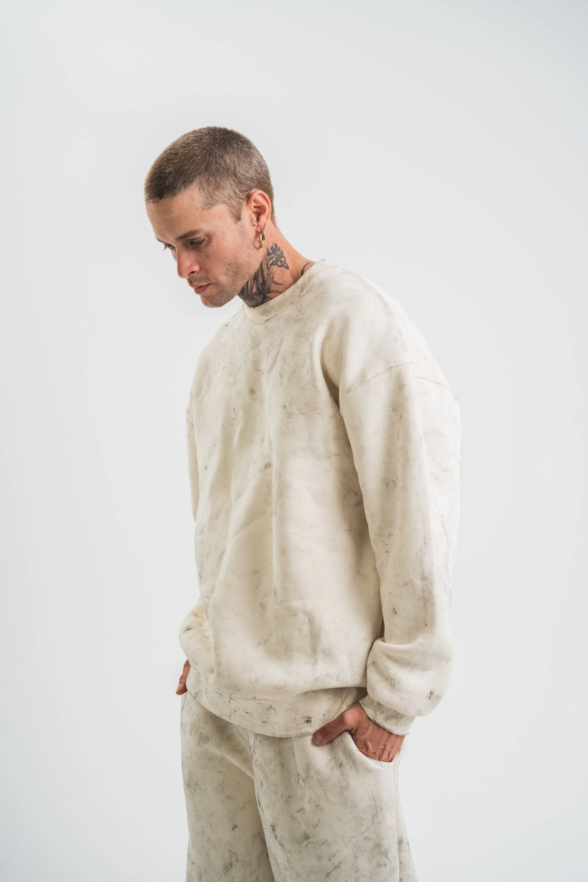 Erkek 3 İplik Pamuklu Yağ Yıkamalı Bisiklet Yaka Sweatshirt Oversize Hoodie - Krem