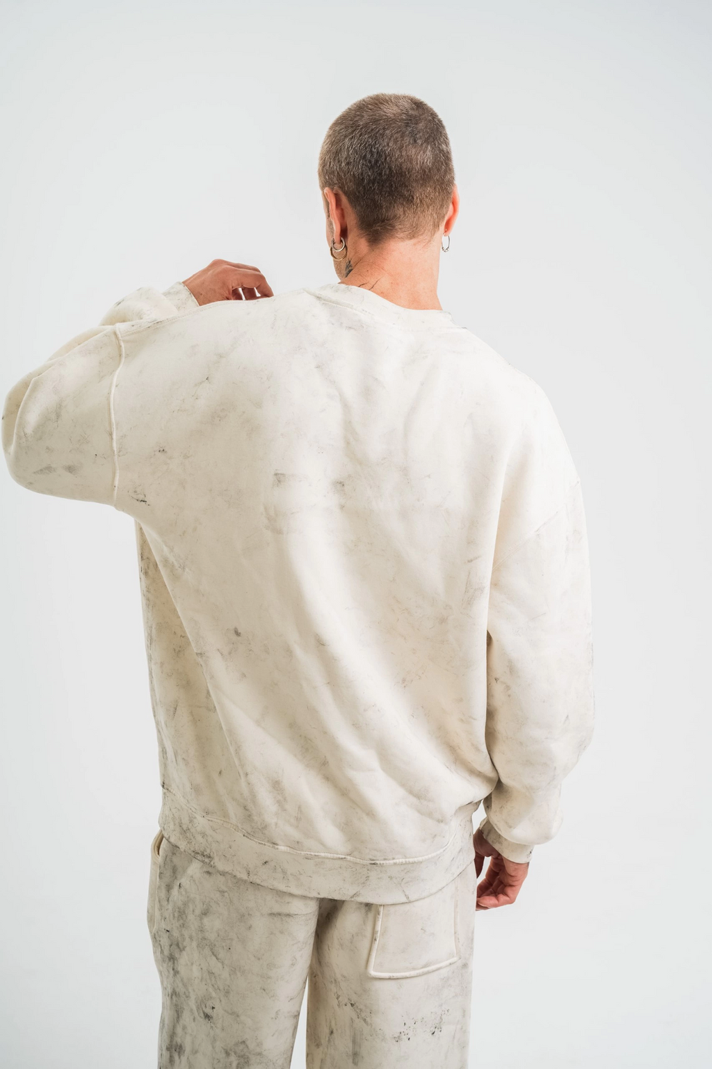 Erkek 3 İplik Pamuklu Yağ Yıkamalı Bisiklet Yaka Sweatshirt Oversize Hoodie - Krem