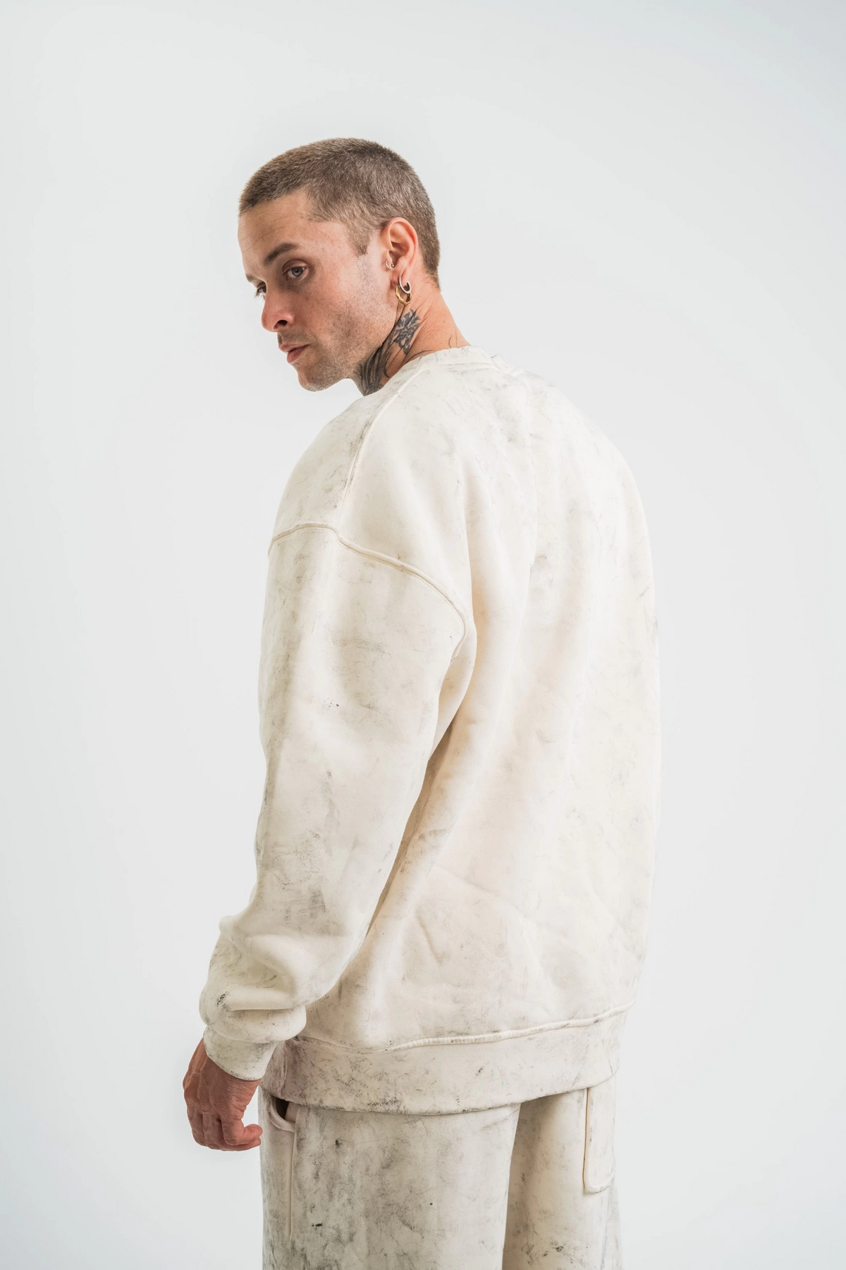 Erkek 3 İplik Pamuklu Yağ Yıkamalı Bisiklet Yaka Sweatshirt Oversize Hoodie - Krem