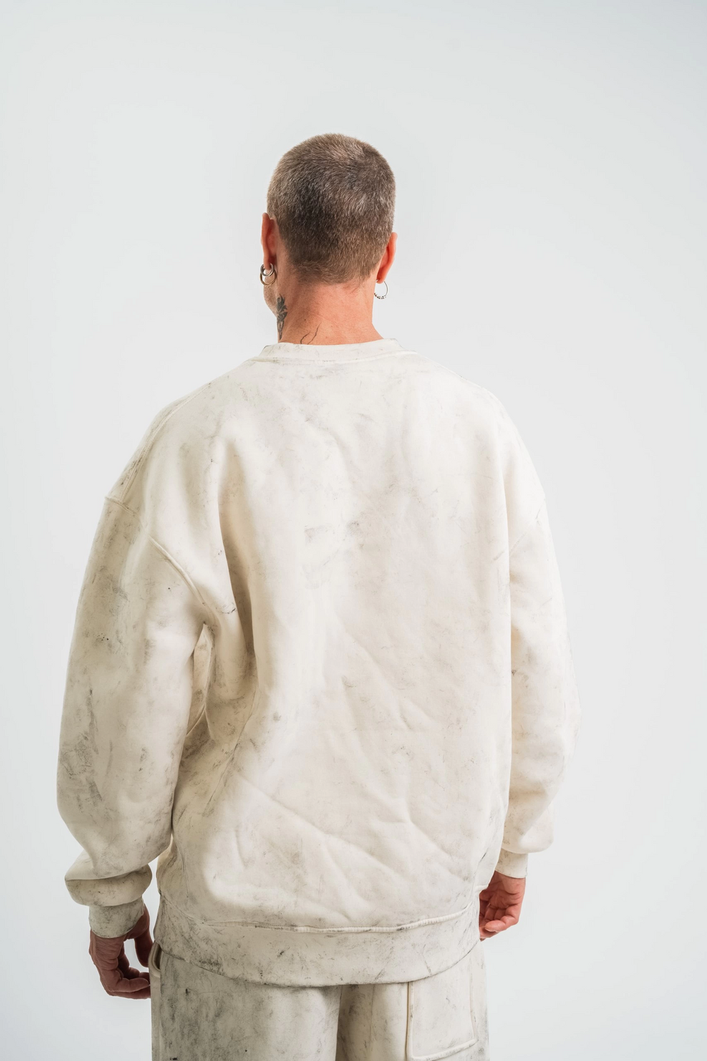 Erkek 3 İplik Pamuklu Yağ Yıkamalı Bisiklet Yaka Sweatshirt Oversize Hoodie - Krem