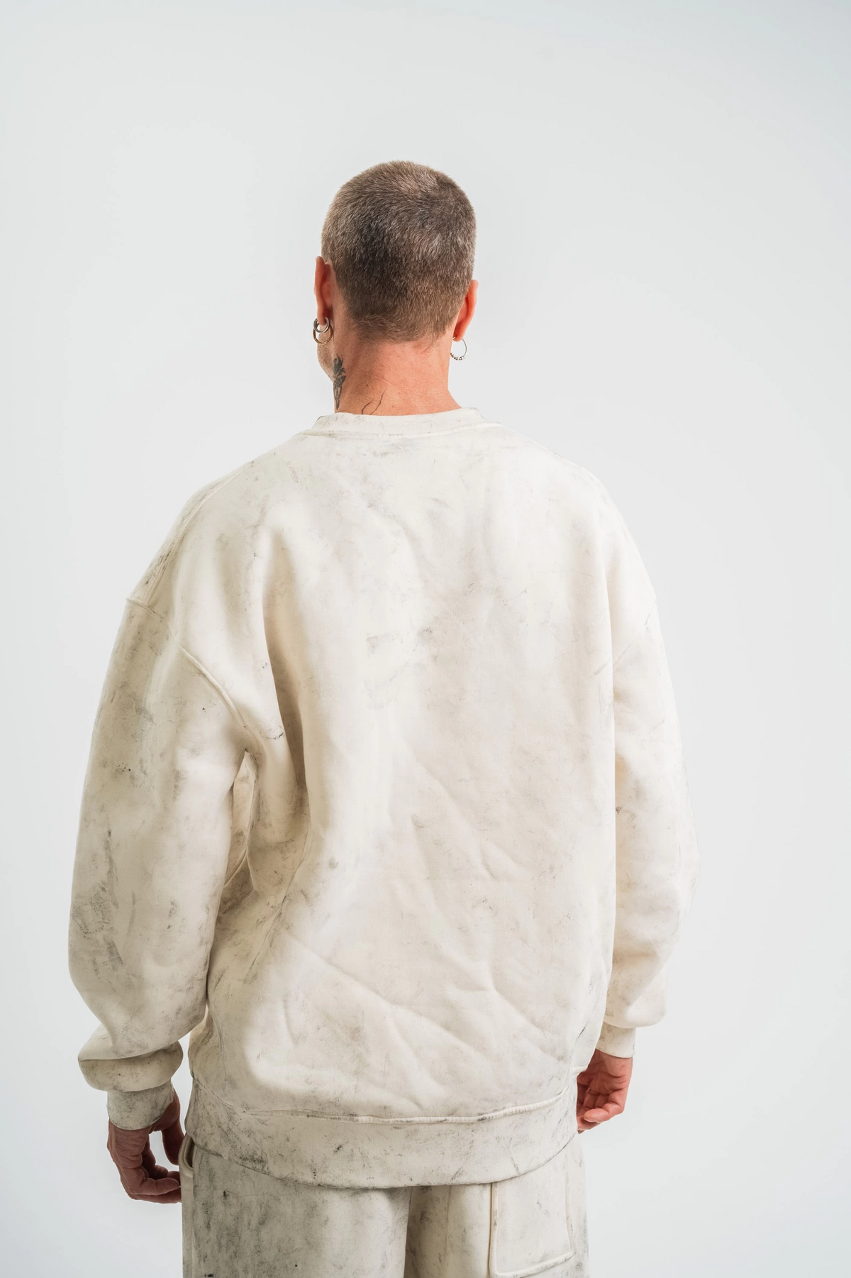Erkek 3 İplik Pamuklu Yağ Yıkamalı Bisiklet Yaka Sweatshirt Oversize Hoodie - Krem
