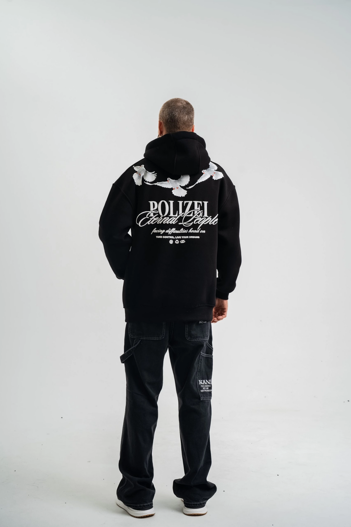 Erkek 3 İplik Pamuklu Kapüşonlu Baskılı Cepli Oversize Sweatshirt Hoodie - Siyah
