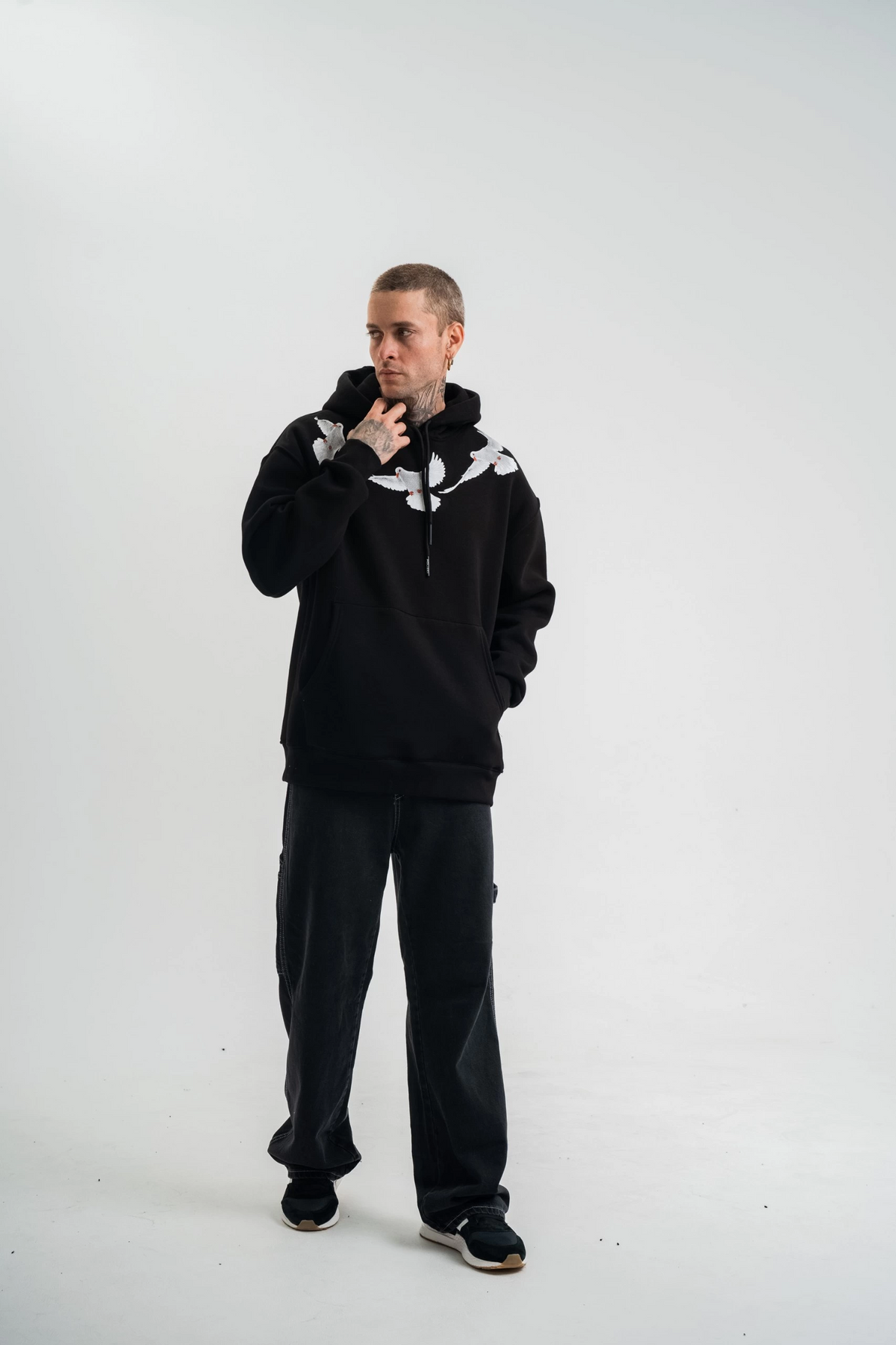 Erkek 3 İplik Pamuklu Kapüşonlu Baskılı Cepli Oversize Sweatshirt Hoodie - Siyah