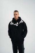 Erkek 3 İplik Pamuklu Kapüşonlu Baskılı Cepli Oversize Sweatshirt Hoodie - Siyah