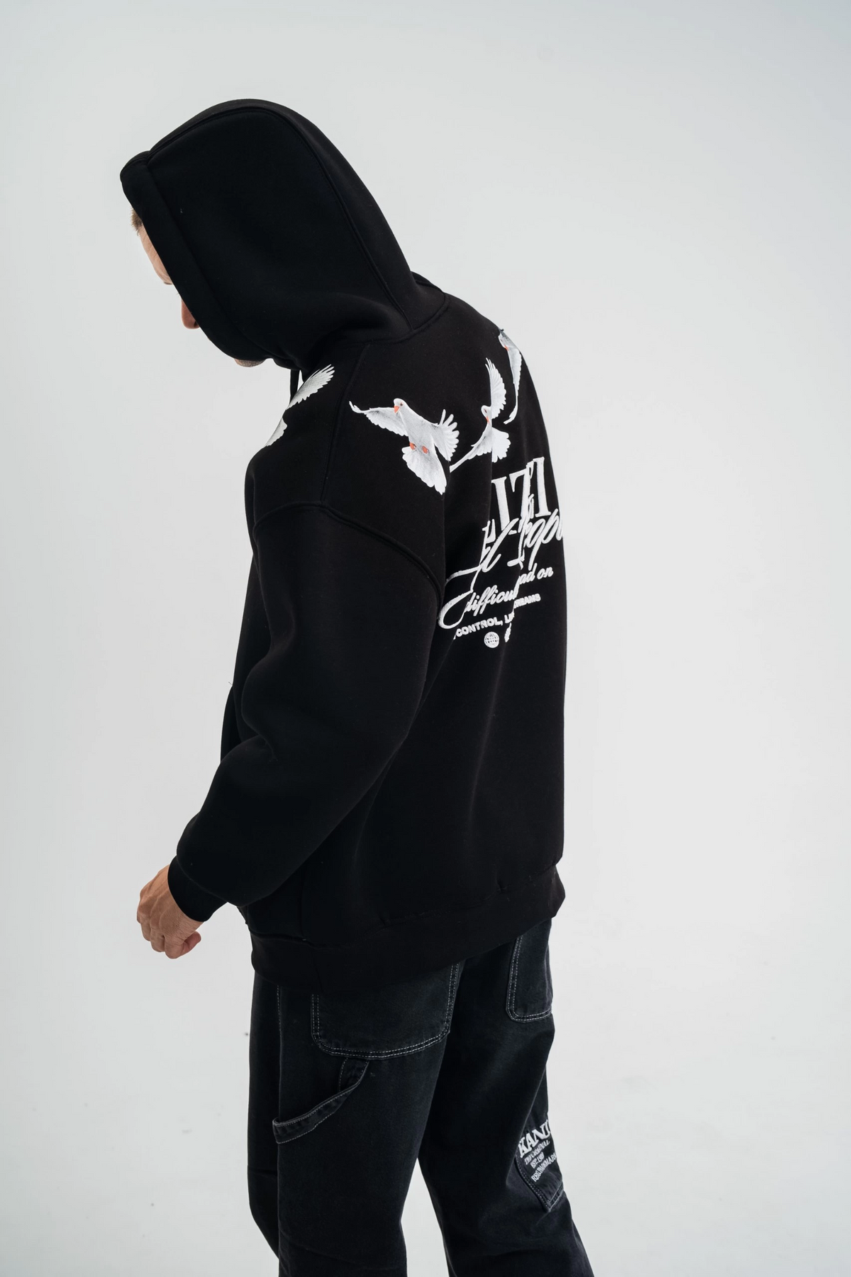 Erkek 3 İplik Pamuklu Kapüşonlu Baskılı Cepli Oversize Sweatshirt Hoodie - Siyah