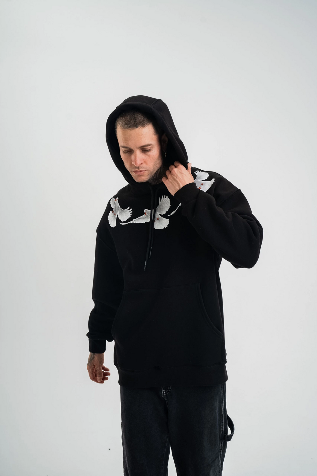 Erkek 3 İplik Pamuklu Kapüşonlu Baskılı Cepli Oversize Sweatshirt Hoodie - Siyah