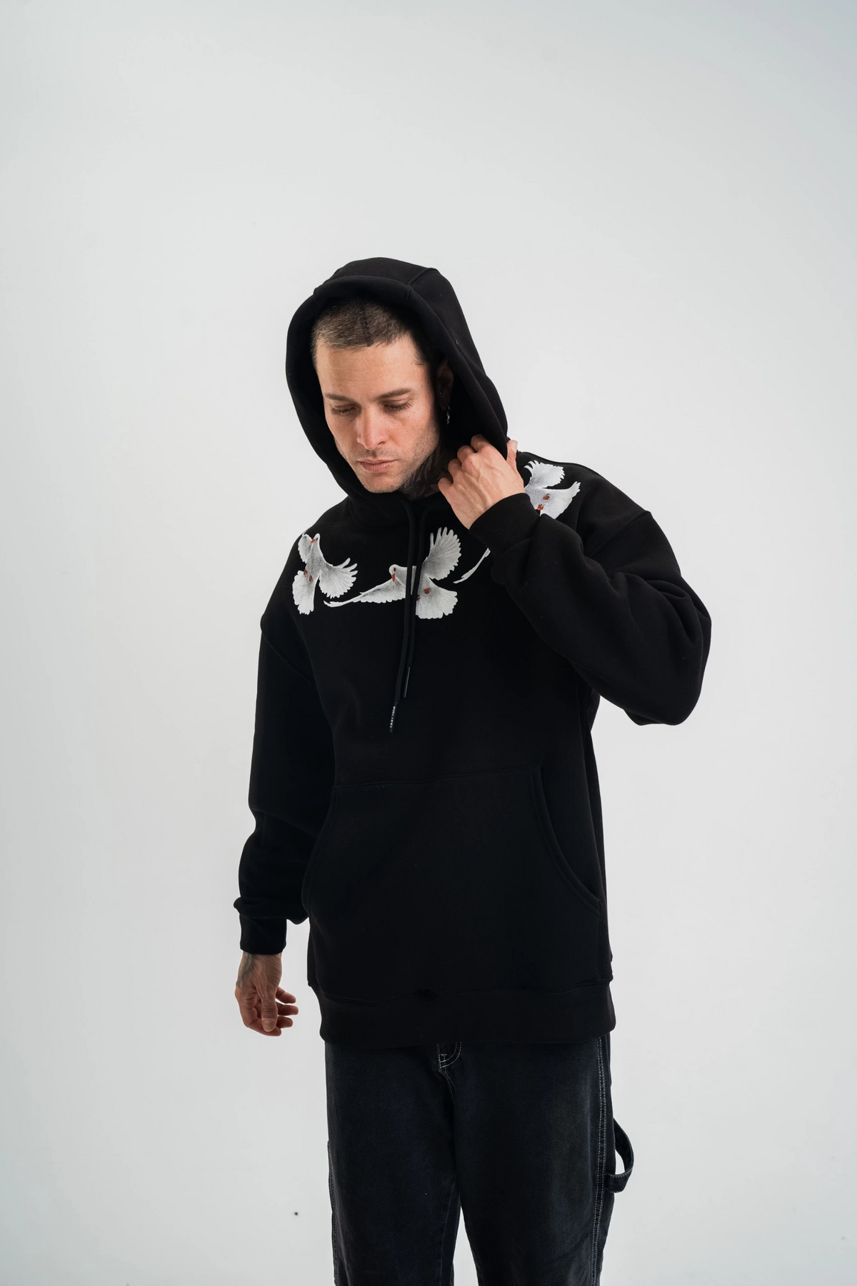 Erkek 3 İplik Pamuklu Kapüşonlu Baskılı Cepli Oversize Sweatshirt Hoodie - Siyah
