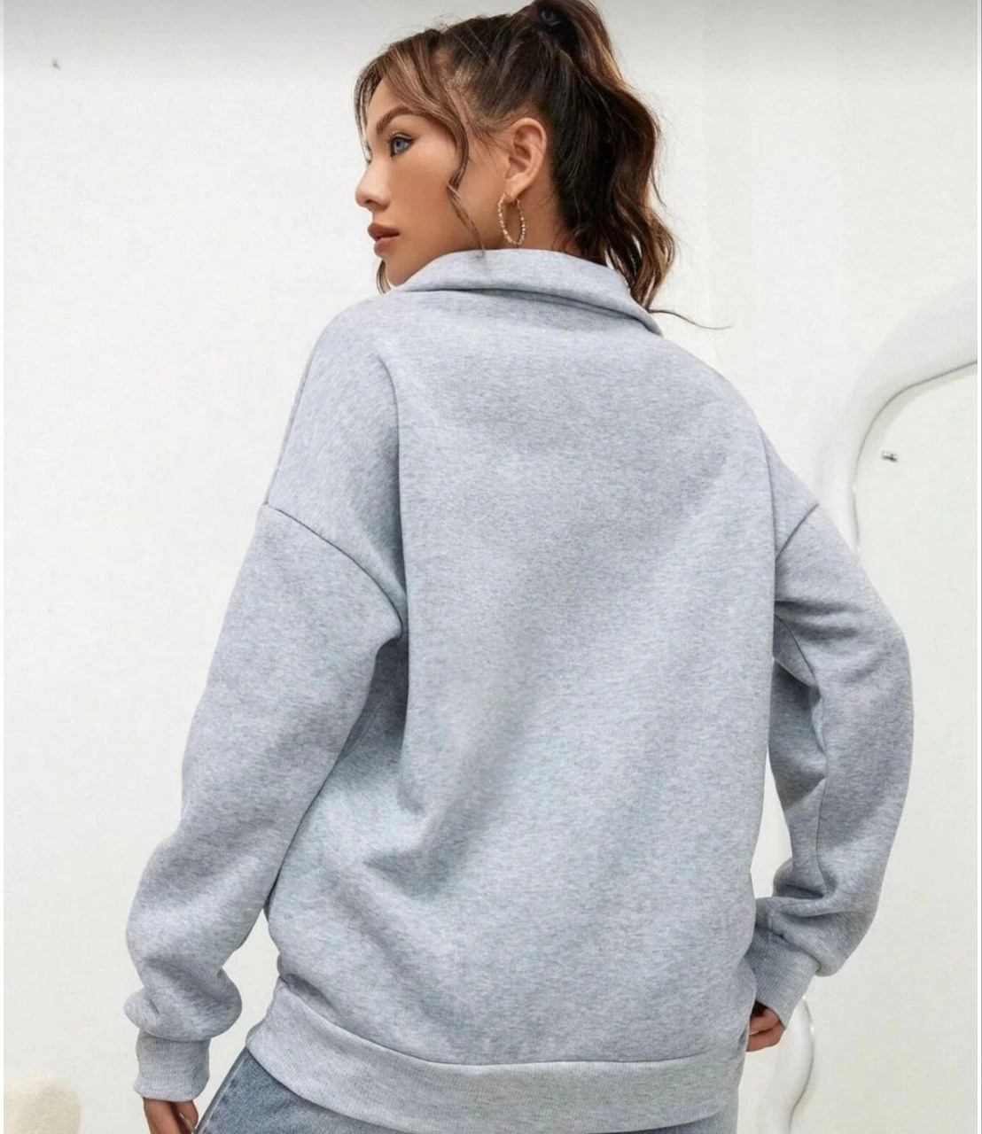 Kadın 3 iplik Pamuklu Uzun Kol Yarım Farmuarlı Yakalı  SweatShirt - Gri