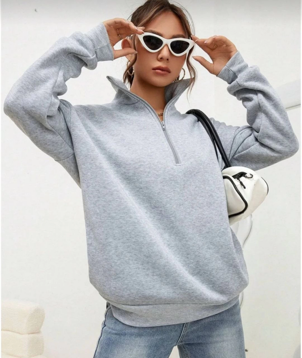 Kadın 3 iplik Pamuklu Uzun Kol Yarım Farmuarlı Yakalı  SweatShirt - Gri