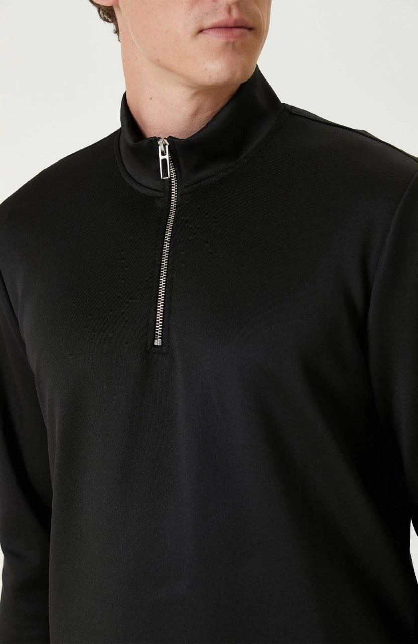 Erkek 3 iplik Pamuklu Uzun Kol Yarım Farmuarlı Yakalı SweatShirt - Siyah