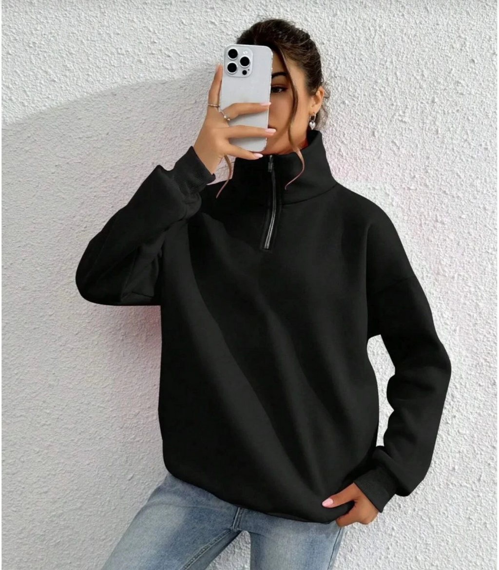 Kadın 3 iplik Pamuklu Uzun Kol Yarım Farmuarlı Yakalı SweatShirt - Siyah