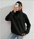 Kadın 3 iplik Pamuklu Uzun Kol Yarım Farmuarlı Yakalı SweatShirt - Siyah