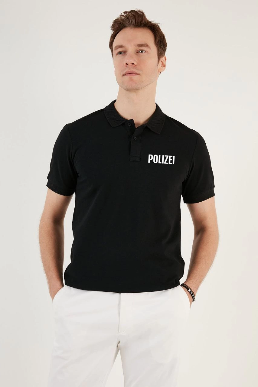 Erkek Polo Yaka Tişört Düğmeli Pike Baskılı T-Shirt - Siyah