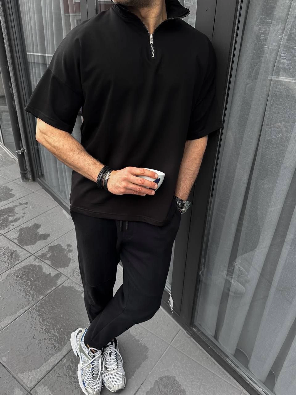 Erkek Yarım Fermuarlı Kısa kol T-Shirt - Siyah