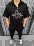 Erkek Yarım Fermuarlı Baskılı Oversize T-Shirt - Siyah