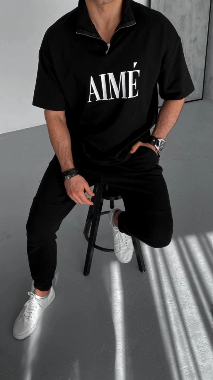 ERKEK Tişört Yakalı Yarım Fermuarlı  Kısa Kol Baskılı T-Shirt - Siyah