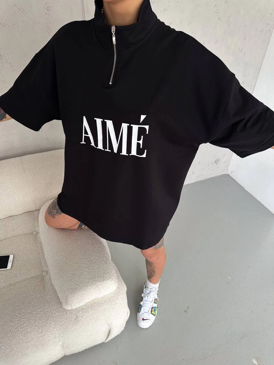 Kadın Yarım Fermuarlı Tişört Baskılı T-Shirt - Siyah