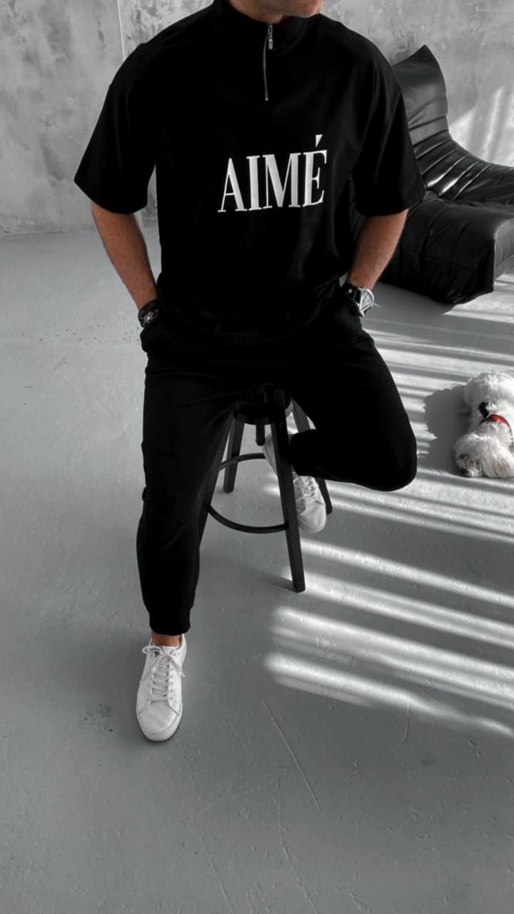 ERKEK Tişört Yakalı Yarım Fermuarlı  Kısa Kol Baskılı T-Shirt - Siyah