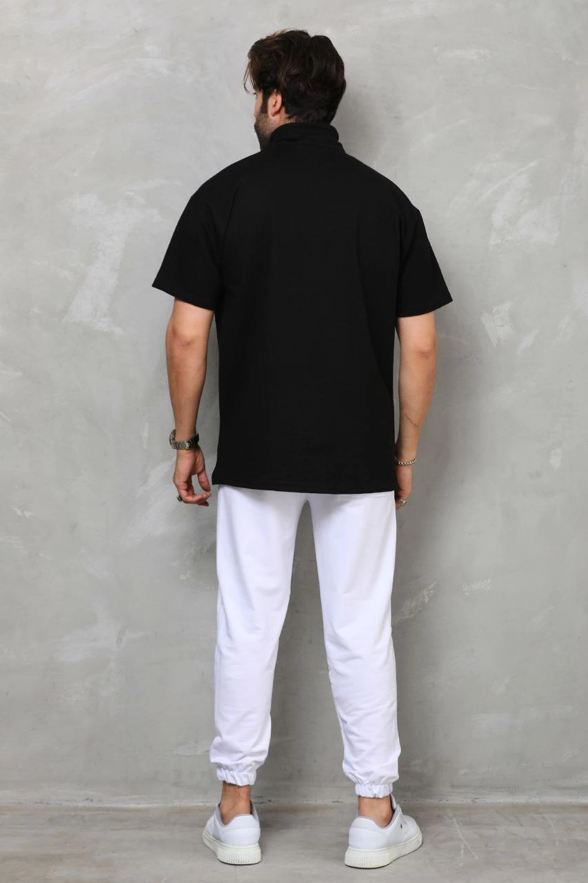 Erkek Yarım Fermuarlı Düz Oversize T-shirt - Siyah