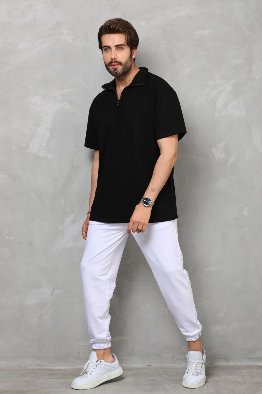 Erkek Yarım Fermuarlı Düz Oversize T-shirt - Siyah